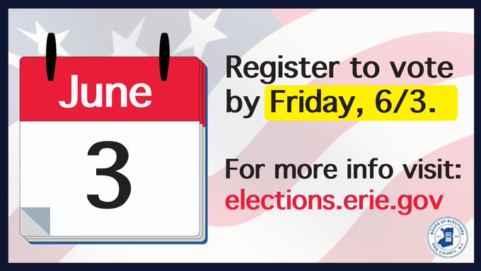markpoloncarz's tweet photo. If you want to vote in the Tuesday, June 28 primary for governor, assembly and other local elections you MUST be registered to vote by next Friday, June 3.
For more info on how to register go to https://t.co/1FA81WsOSX
#ErieNYvotes
#ErieVotes https://t.co/PKhKNvtPxZ