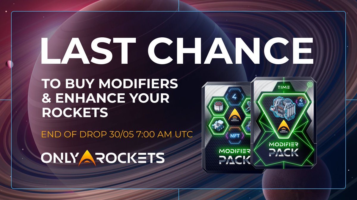 OnlyRocketsio's tweet image. OnlyRockets modifiers drop will stop 30/05, 7AM UTC.

There will be an option to buy modifiers only on the market after. You need modifiers to boost your rockets and succeed in the space race!

Take a chance to buy it on the original price neftyblocks.com/c/onlyrockets1 

#P2EGame #WAXP