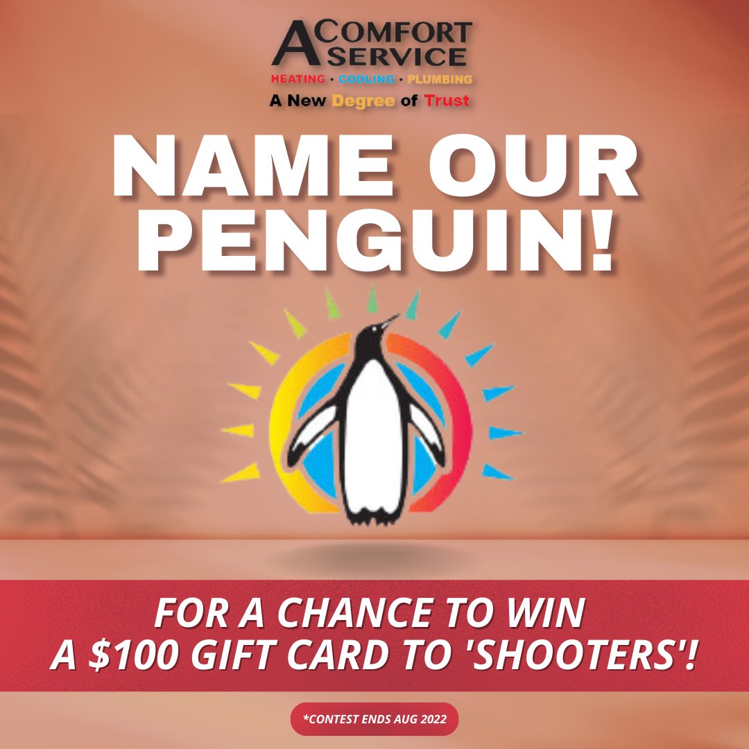 🐧 NAME OUR PENGUIN CONTEST 🐧

Name our #penguin for a chance to win a $100 gift card to 'Shooters' located in North Hills! The best name will be chosen in August.

Put those thinking caps on &amp; good luck, everyone! #contest #pittsburgh #hvac #acomfortservice