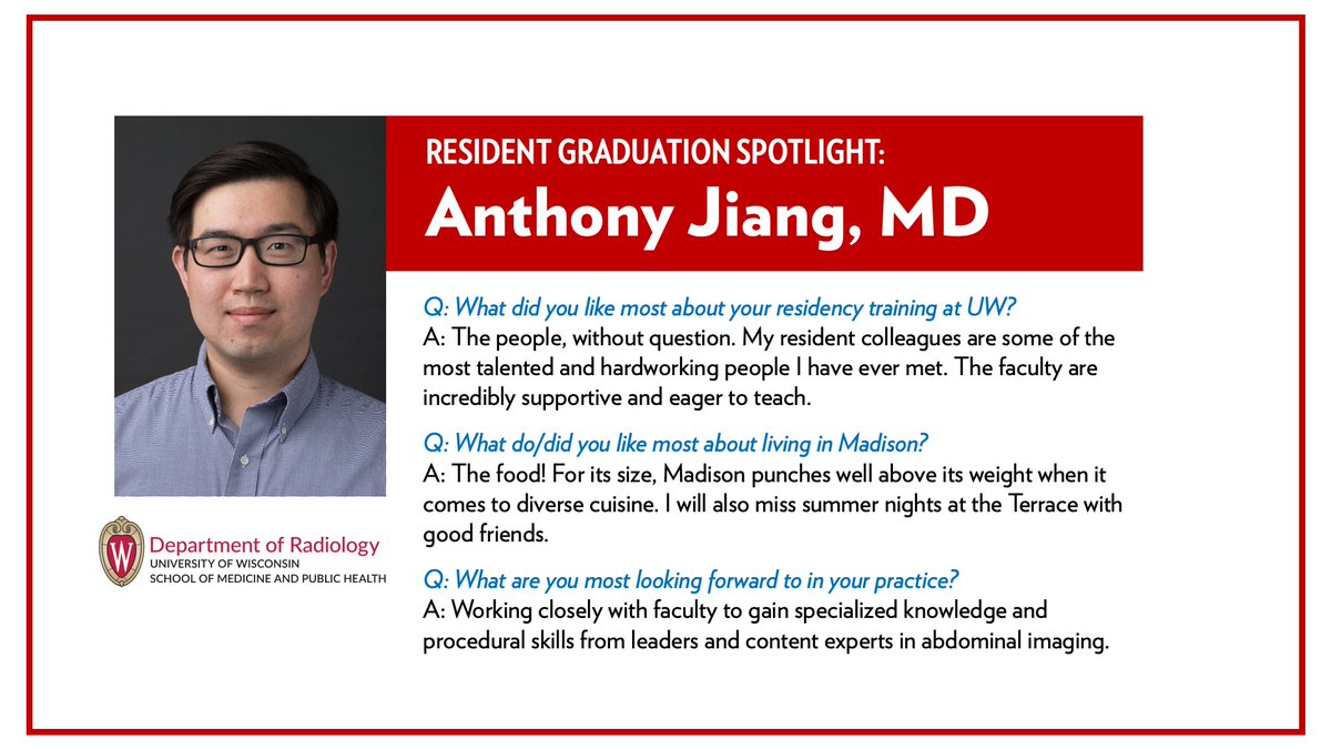 #GraduationSpotlight: Anthony Jiang, MD We are excited that Dr. Jiang will be continuing his training with @UWiscRadiology in an Abdominal Imaging fellowship! @UWiscRadEd