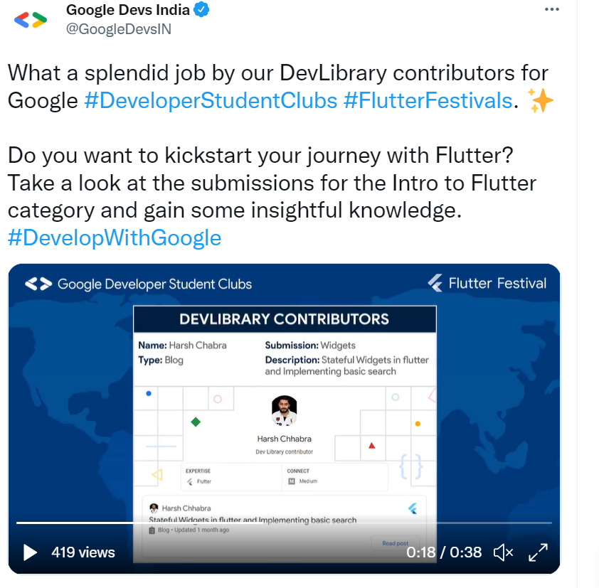 harshchhabra37's tweet image. My DevLibrary submission is shared by @GoogleDevsIN on their official handles.
Thanks @ankitatr_ for this and guiding a lot.
#DeveloperStudentClubs #FlutterFestivals