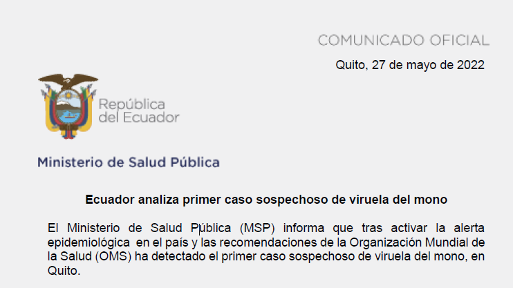 #Atención | #Ecuador analiza primer caso sospechoso de #viruela del mono. Ministerio de Salud aplica protocolo de alerta epidemiológica de la OMS.