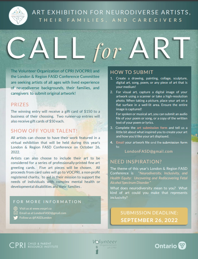 fasdhamiltonca's tweet photo. CPRI is seeking artists of all ages who have lived experience of neurodiverse backgrounds, their families and caregivers to submit their art for the FASD conference this fall. https://t.co/GUfGMlbhqS