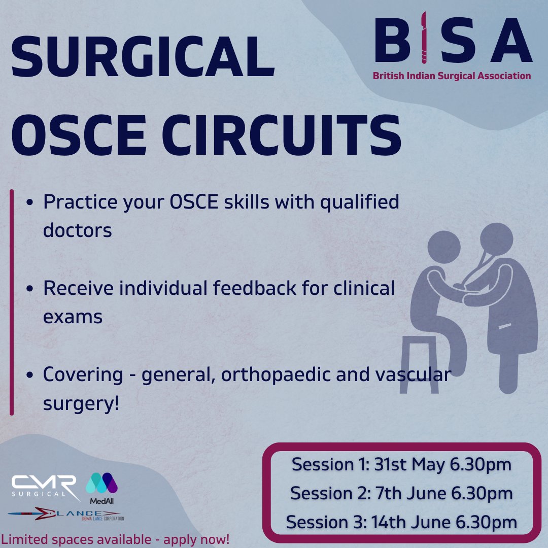 BISA Academic Team are excited to announce our surgery focussed OSCE circuit. 

Places will be first come first serve so sign up now using the form in our bio. 

(Please only sign up for ONE session as per your availability - as all sessions cover the same material)

#OSCE