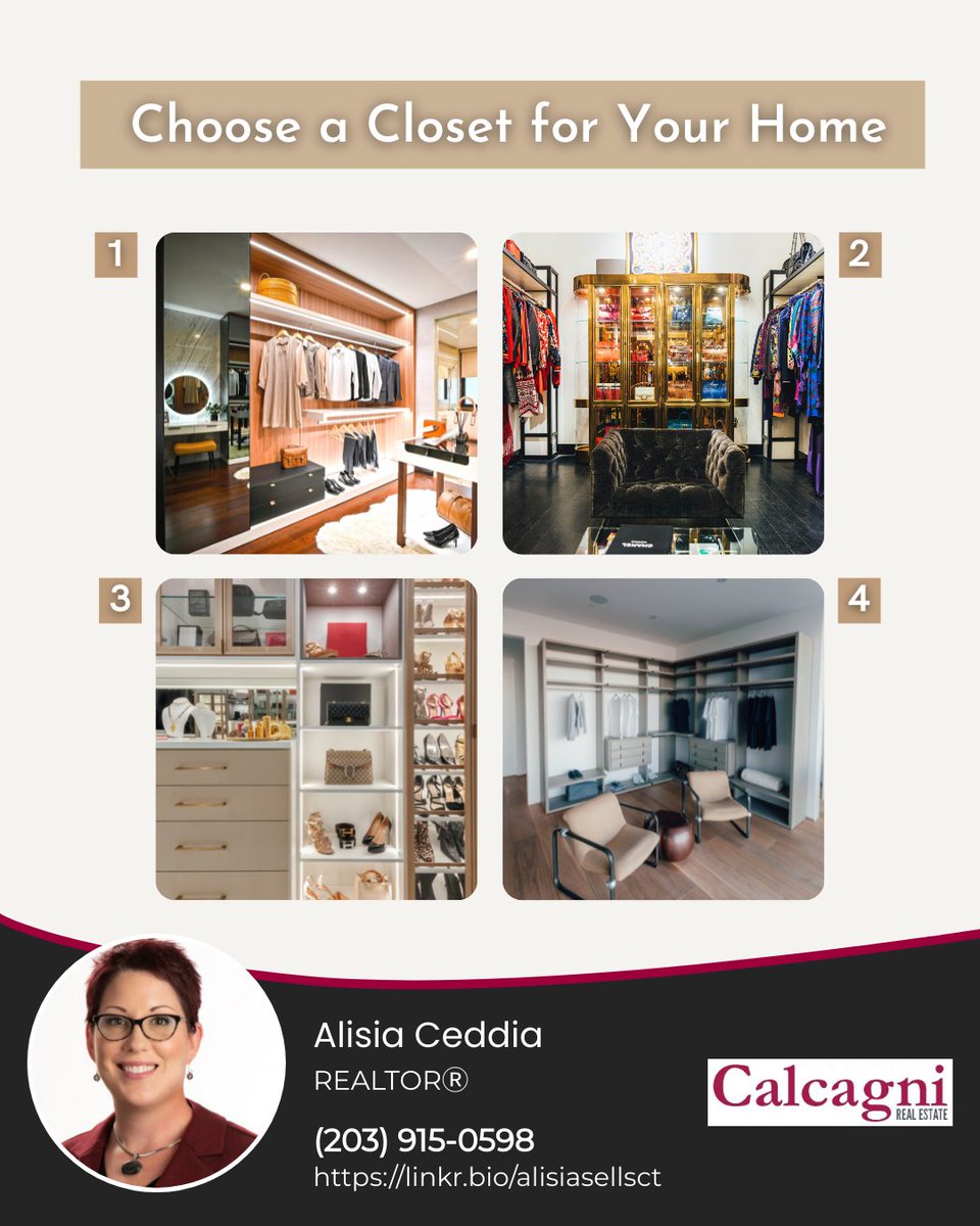 Talk about a dream closet! Which closet do you choose to have in your home? You can only pick one of these four!  I can't choose!!

#alisiasellsct #dreamcloset #closetgoals #walkincloset #fashioncloset #thisorthat #homegoals #homedecorideas #interiordesigngoals #realestate