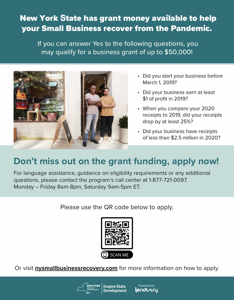 New York State has grant money available to help your Small Business recover from the Pandemic.  Learn if you are eligible for a business grant of up to $50,000. Learn more or start your application today:
nysmallbusinessrecovery.com