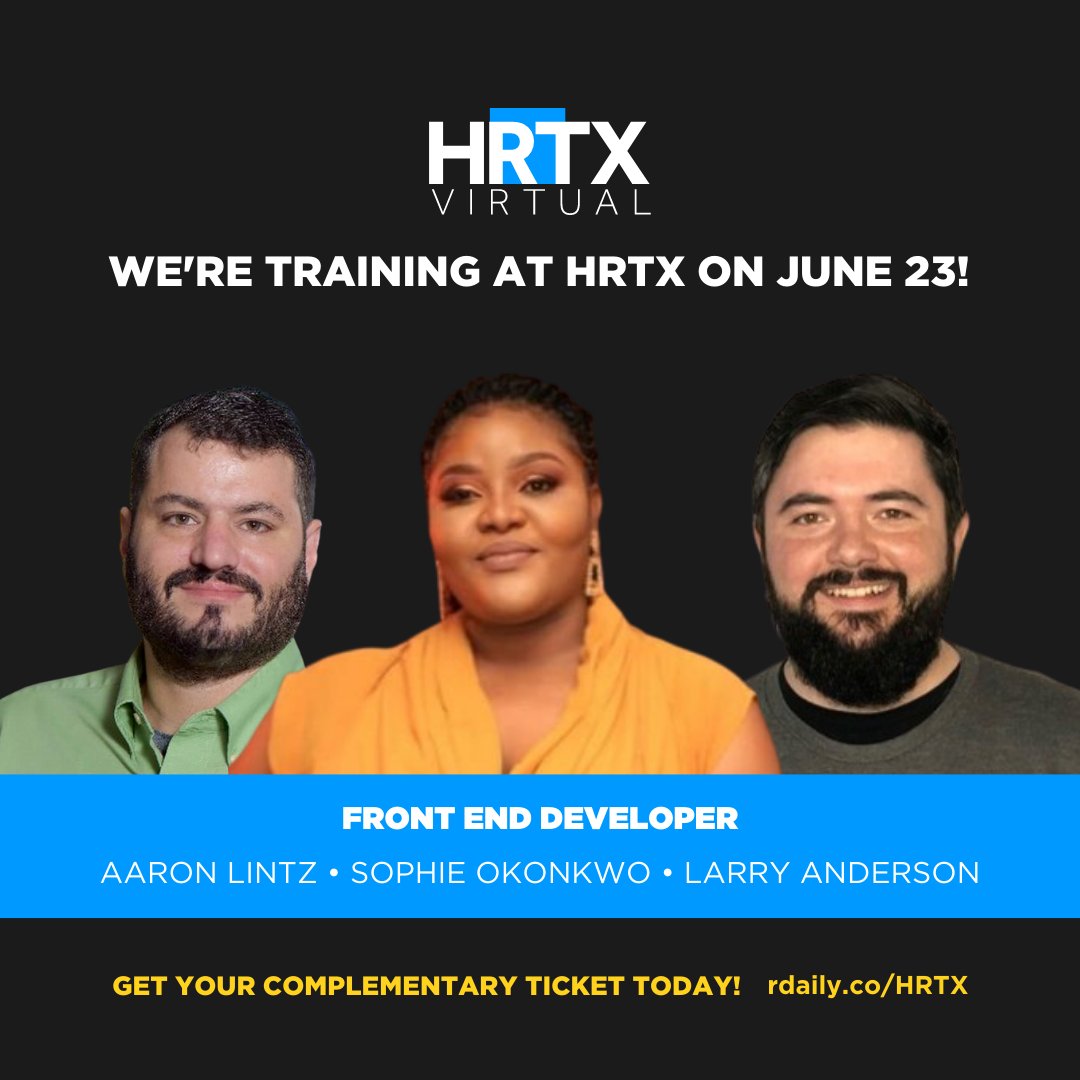 🚨Will we see you at HRTX on June 23? Save your spot today!

<a href="/aaronlintz/">Aaron Lintz</a> Sophie Okonkwo &amp; Larry Anderson will break down how to find and hire a Front End Developer

👉rdaily.co/HRTX

#techrecruiting #techsourcing #techhiring