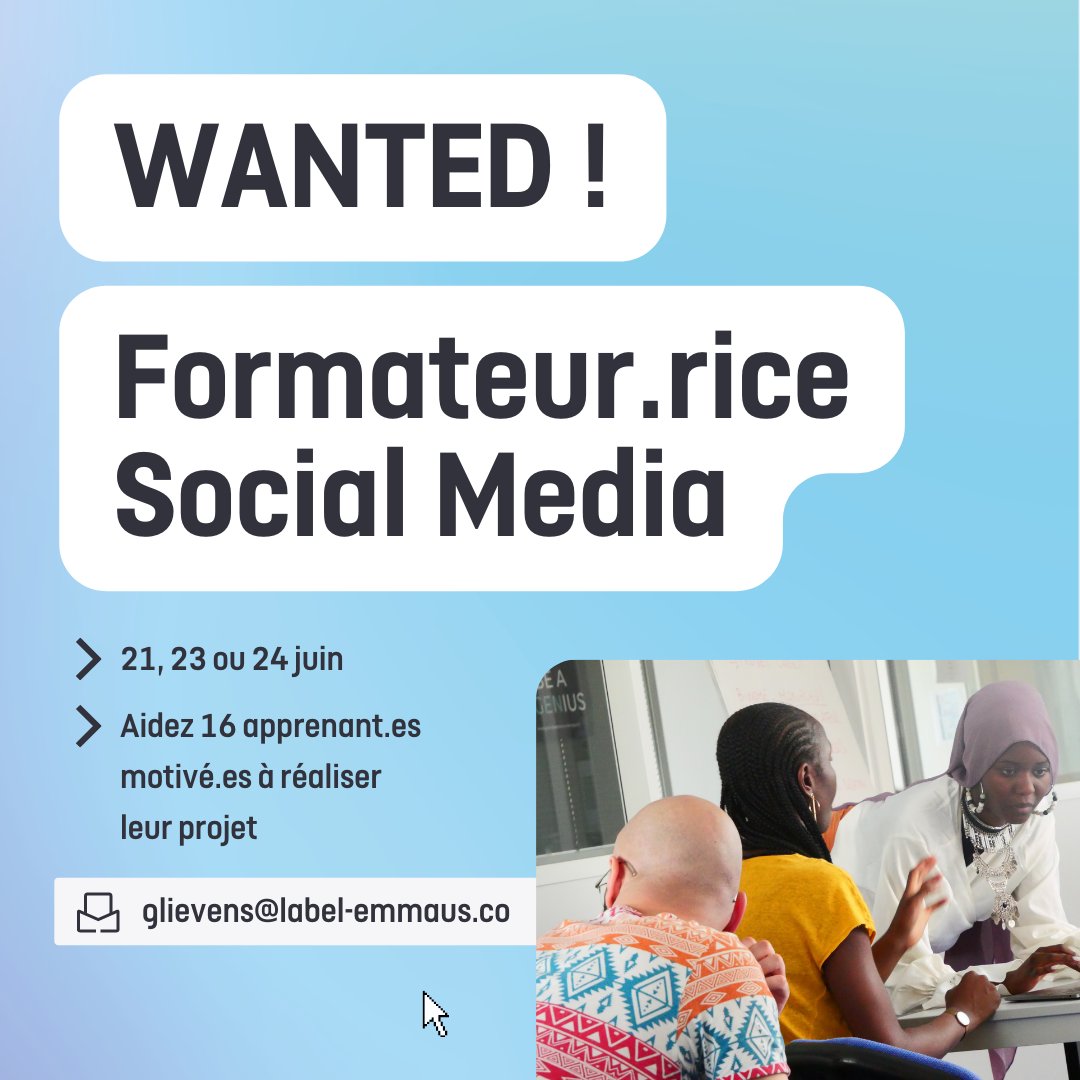 Label Ecole (@ecolelabel) on Twitter photo Nous sommes toujours à la recherche d'un.e formateur.rice pour donner le cours de Social Media le 21, 23 ou 24 juin. 🧑🏫 Si tu as envie de transmettre les bases d'une stratégie social media à nos 16 apprenants motivés, contacte Grégoire Lievens : glievens@label-emmaus.co ✉️ Nous sommes toujours à la recherche d'un.e formateur.rice pour donner le cours de Social Media le 21, 23 ou 24 juin. 🧑🏫 Si tu as envie de transmettre les bases d'une stratégie social media à nos 16 apprenants motivés, contacte Grégoire Lievens : glievens@label-emmaus.co ✉️