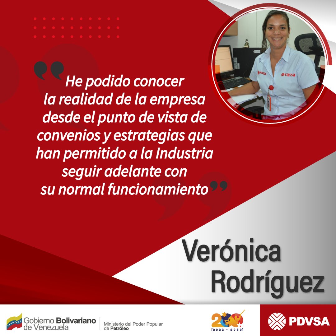 PDVSA's tweet photo. 🇻🇪👷 Verónica Rodríguez, de PDVSA VASSA, es ¡Esencia de PDVSA!

Es analista de Administración de Contratos y labora para nuestra Industria desde hace 5 años.

Más ➡️ https://t.co/WTfwUbULzt https://t.co/NKppNiSRiA