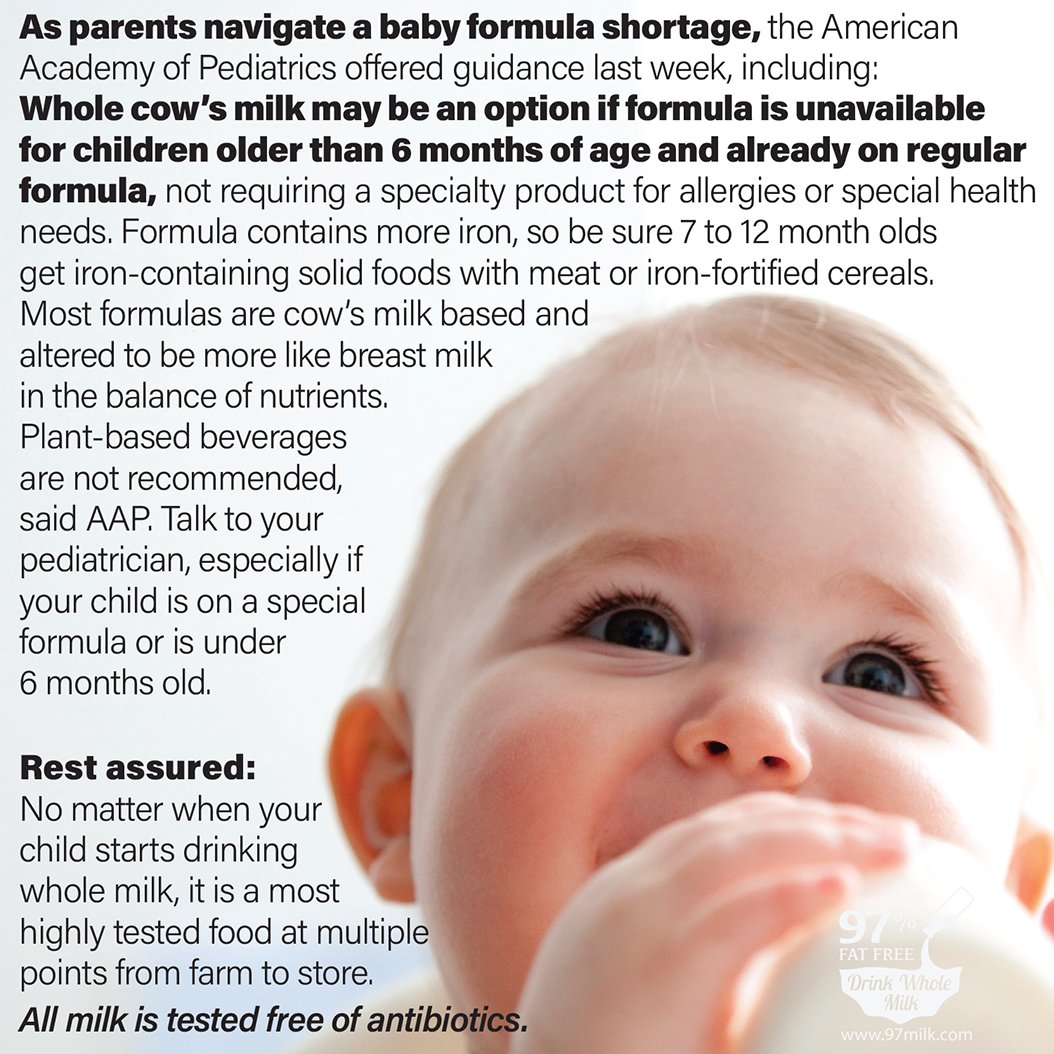 Rest assured: No matter when your child starts drinking whole milk, it is a most wholesomely-produced, inspected and highly-tested food at multiple points from farm to store. All milk is tested free of antibiotics.