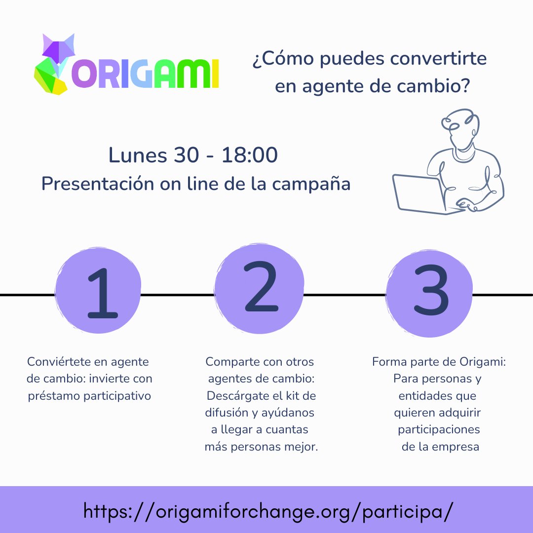 ¡Origami presenta su proyecto!
Senbazuru Agile Learning Center, el primer ALC de España. 
Presentación online de  campaña de financiación el lunes 30 a las 18:00.   Juntas transformamos la educación para cambiar el mundo.

origamiforchange.org/participa/

#Origamicrece #ChildrenArePeople