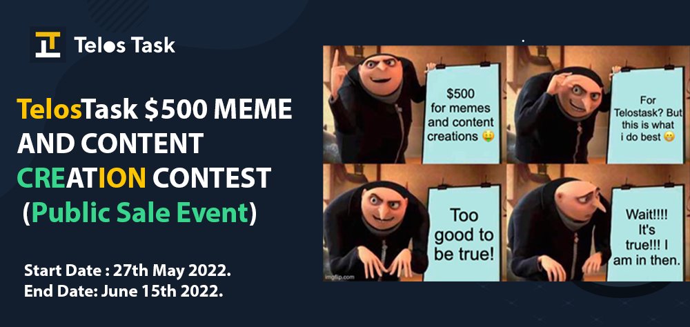 #TelosTask $500 MEME AND CONTENT CREATION CONTEST🤑💵🙂
Dear Content creators and Meme connoisseur, this is for you to show us your witty side of life 👑😎💵

Learn more on how to participate: link.medium.com/HBysCwAFnqb

#TaskFimeme $TLOS $TASK #Memes #memecoin
(Meme it task armies)