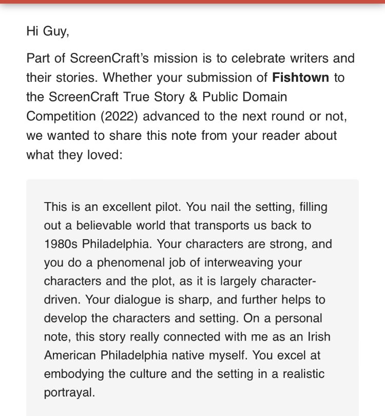 guylarious's tweet image. Though I didn’t get through to the next round, this note from #Screencraft is super validating and I want to put this into the universe that maybe an Irish American actor from Philly (@RMcElhenney) might think this is a good project for them. #screenwriters