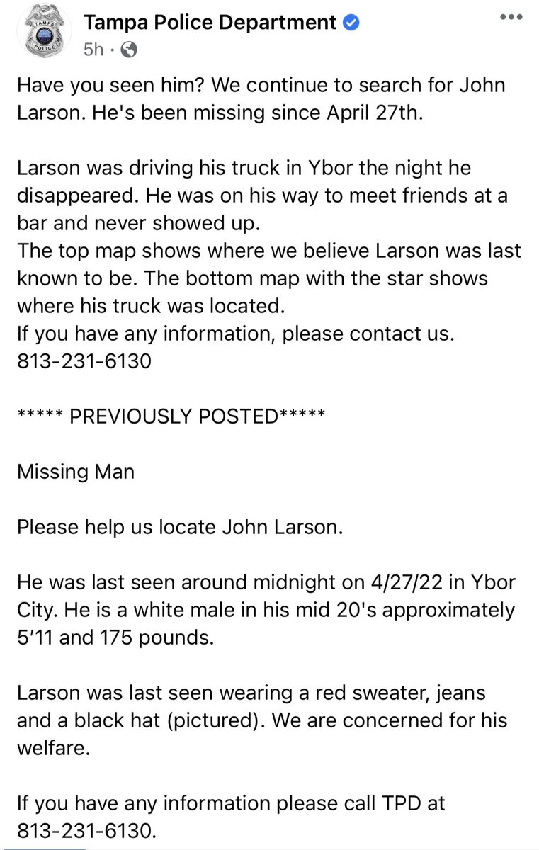 iamlegacy23's tweet photo. Tampa PD statement today about #JohnLarson, today marks a months since he vanished. #BringJohnHome #FindJohnLarson https://t.co/OGujBjuhFR