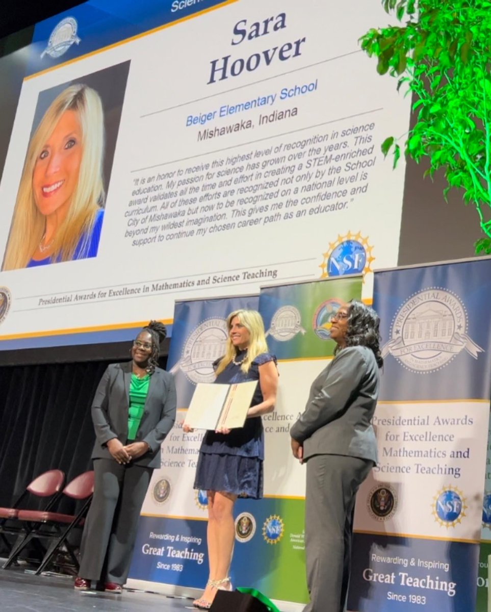 SCMSchools's tweet photo. Sara Hoover, @SCMBeiger PLTW Teacher, received her #PAEMST earlier this week in Washington, D.C. Mrs. Hoover is one of only 117 recipients throughout the United States. This is an elite award for a teacher to receive &amp; only 2 teachers from Indiana received this award. @EducateIN https://t.co/TY54tS5Kk8