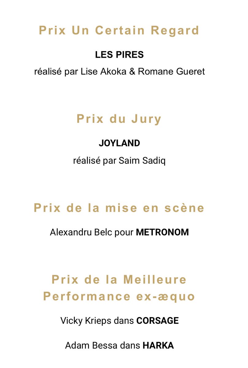 welovecinemafr's tweet photo. C’est LES PIRES de Lise Akoka et Romane Gueret qui a reçu le prix un Certain Regard. Voici l’intégralité du palmarès.

#Cannes2022 https://t.co/O4R5bQ0W47