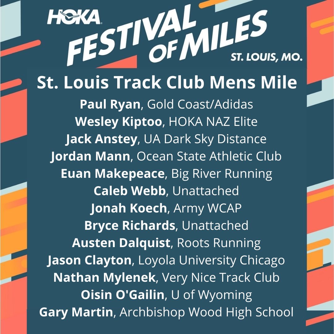 FestivalofMiles's tweet photo. Introducing the 2022 @hoka Festival of Miles @STLTrackClub Mens Mile! 🔥🔥🔥 https://t.co/Oe0btlHSXL
