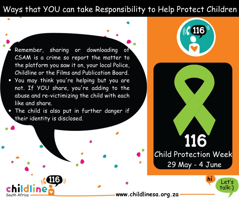 ChildlineSA's tweet image. Protecting Children Online is also a key part of our #ChildProtectionWeek Campaign. Here are some tips on how you may #PlayyourPart.
Call us 24X7 on 116 (free from all networks) OR chat to us on our website, Mon-Fri, 11am-1pm and 2-6pm. @childline_FS @ChildlineGP @ChildlineKZN