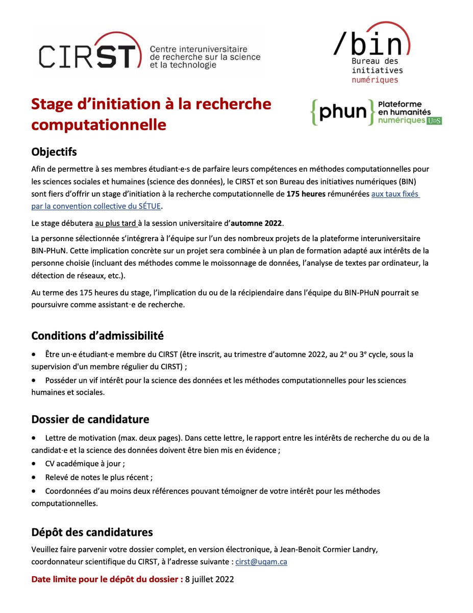 Offre de stage d'initiation à la recherche computationnelle. 
Pour les détails, voir l'image et le tweet cité.
À vos applications!