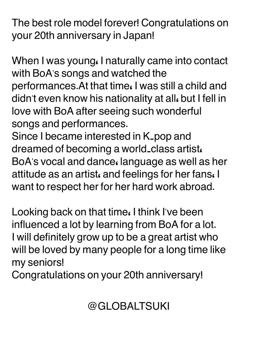 GlobalTsuki's tweet photo. Tsuki's message for BoA's 20th year anniversary ( rough translate ) https://t.co/jAxEhqaqT9