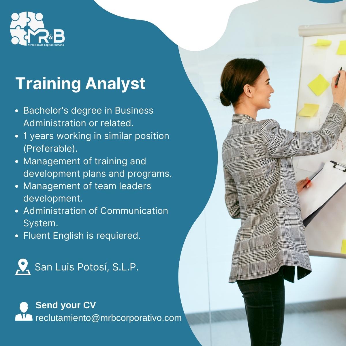 MRBAtraccion's tweet photo. MR&amp;B requests a Training Analyst in #SanLuisPotosí.

Send us your #CV to reclutamiento@mrbcorporativo.com

#vacantes #empleo #MRB #Reclutamientoyseleccion #Reclutamiento #Headhunting #atracción #talento #interviewjob #hiring #recursoshumanos #capitalhumano https://t.co/ZMlXP3MzHU