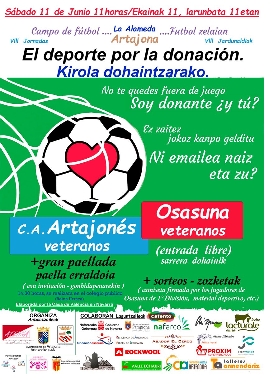 ATEHNA1's tweet photo. El  11 de Junio de 2022, Dia del donante.
Este dia Atehna, haremos un  partido de futbol y  una paellada en Artajona   (Navarra), para fomentar la donación de órganos y tejidos https://t.co/udzBj5QDyX