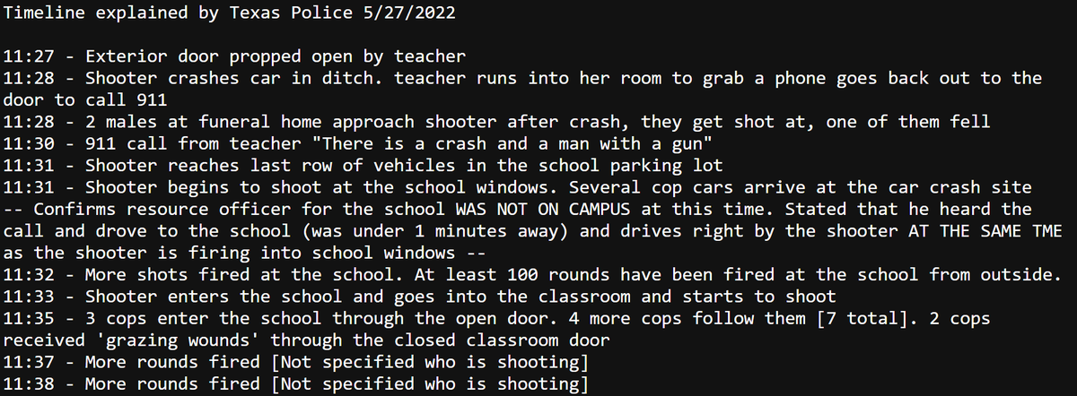 Mike_from_PA's tweet photo. Here is a complete timeline of the Uvalde shooting according to the Texas DPS.

Police were on the scene from the beginning, did nothing while the shooter rampaged killing children.

Children begged on 911 calls for almost an hour for the police to save them. https://t.co/Uva4oYKjq6