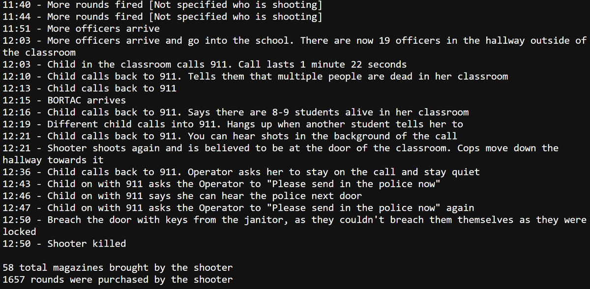 Mike_from_PA's tweet photo. Here is a complete timeline of the Uvalde shooting according to the Texas DPS.

Police were on the scene from the beginning, did nothing while the shooter rampaged killing children.

Children begged on 911 calls for almost an hour for the police to save them. https://t.co/Uva4oYKjq6