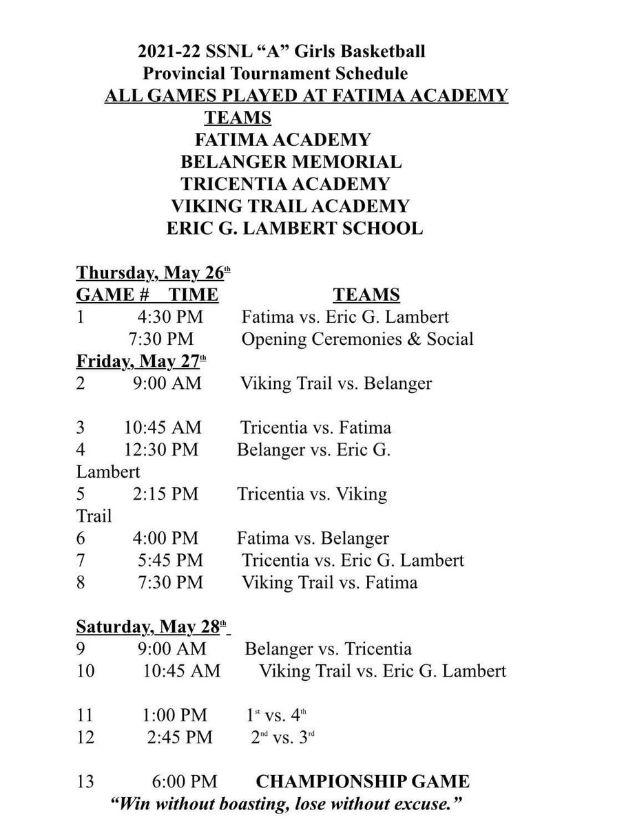 Good luck and have fun <a href="/TATwolves/">Tricentia Academy</a> as you represent our school and community at the <a href="/schoolsportsnl/">School Sports NL</a> “A” Girls Bball provincials! You got this 👊🏻 Games are being live streamed from the <a href="/FatimaAcademy/">Fatima Academy</a> Facebook page. m.facebook.com/Fatima-Academy…