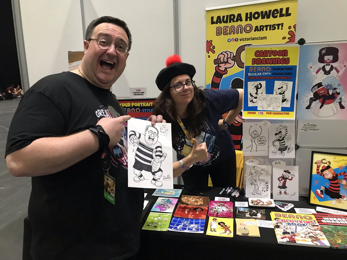 SirMayhem_X's tweet photo. Met Laura Howell who’s an artist 👨🏻🎨 for The Beano 💥 who drew me as a Beano Character… absolutely Awesome 🤩 and a lovely 🥰 Lady #beano #laurahowell #MCMComicCon #mcmLondon https://t.co/yN3fXKO2k1