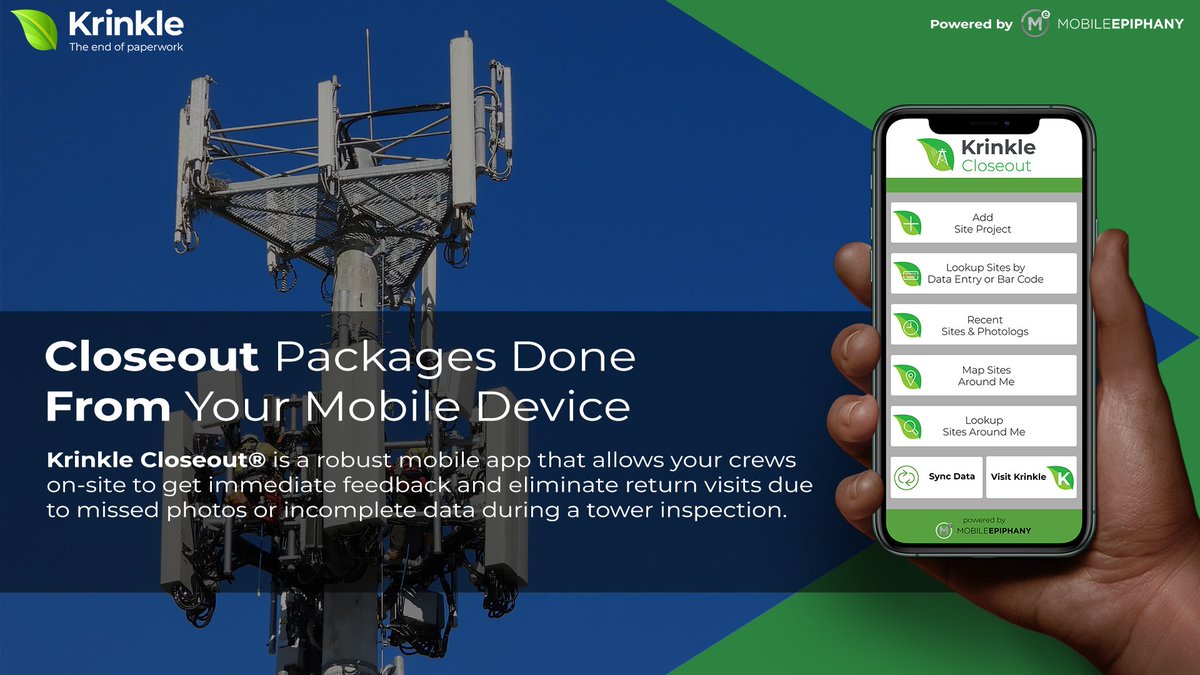 KrinkleCloseout's tweet photo. Does your #towerservice company ever have to return to a #closeout project due to missing photos or incomplete data? Krinkle's robust #mobilesolution, Krinkle Closeout®, has decreased its clients' #tower return visits by ~95%. Learn more @ https://t.co/k8hYrx8jAn https://t.co/XNwwUZRKvg
