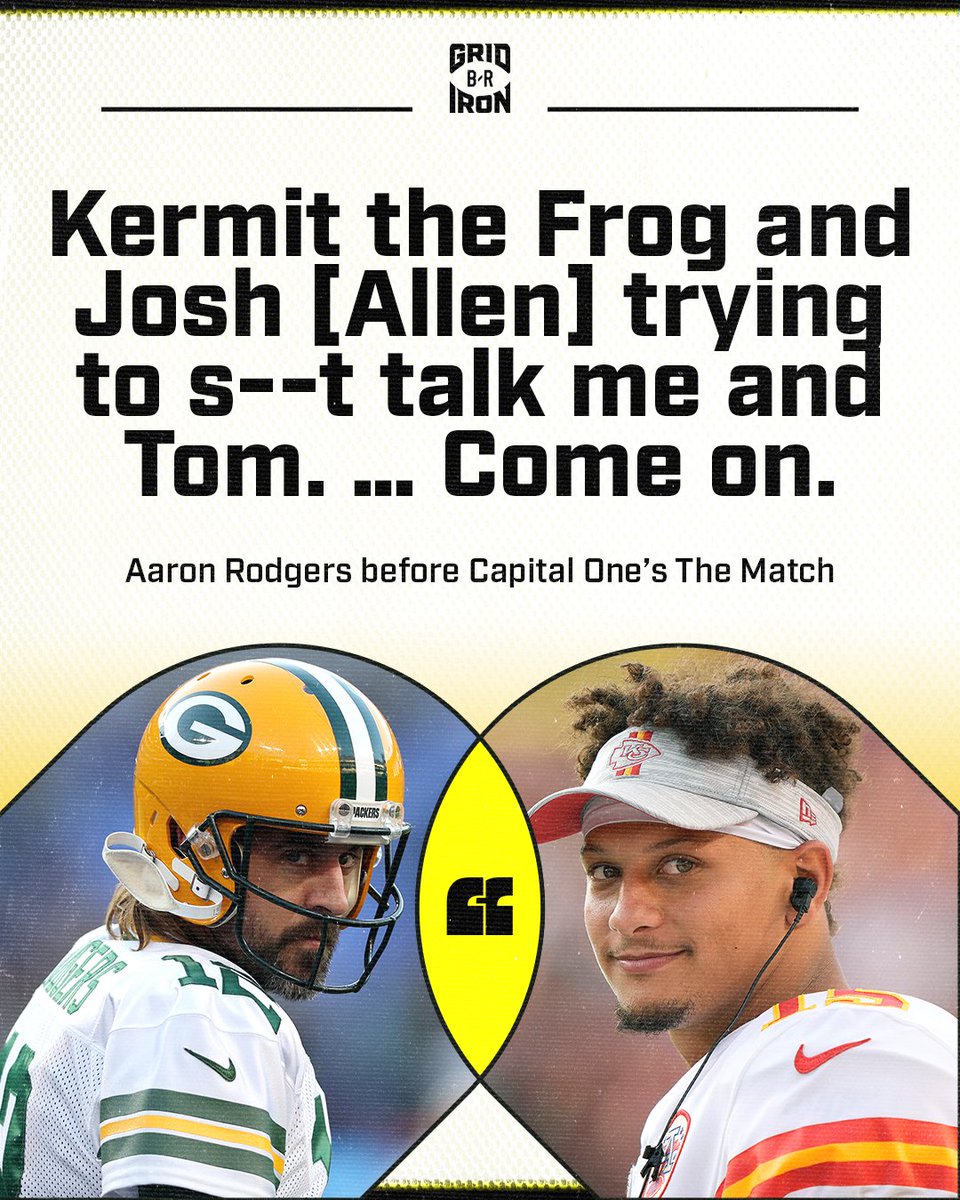 BleacherReport's tweet photo. Rodgers and Brady are ROASTING Mahomes and Allen 🤣

More trash talk coming June 1 on TNT #CapitalOnesTheMatch https://t.co/GwBvG6heYE