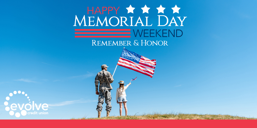 evolveFCU's tweet photo. On Monday, May 30th evolve Federal Credit Union will be closed in observance of Memorial Day. 🇺🇸

While we are closed, you can still make withdrawals, deposits, transfers, check balances and more utilizing our electronic services.

Federally Insured by NCUA. https://t.co/0s92UPHm4T