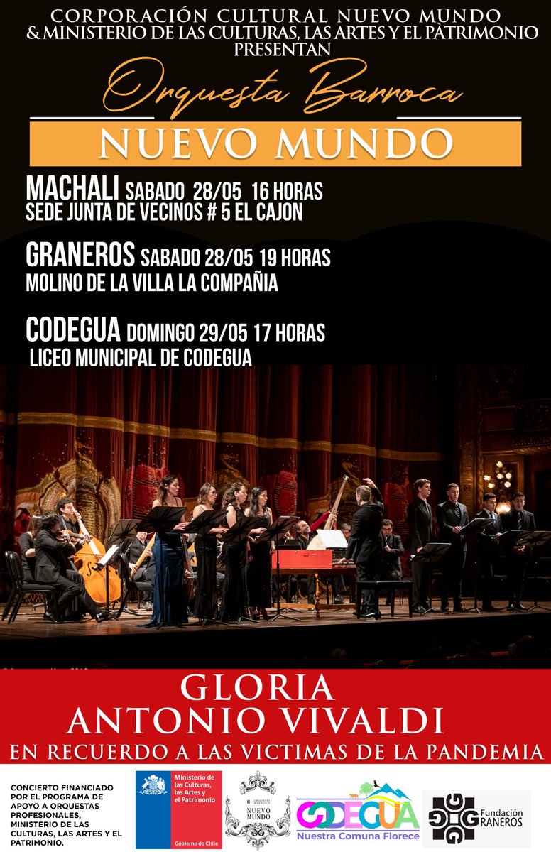 OrquestaNuevoM's tweet photo. mañana sábado 28 te esperamos con el GLORIA DE ANTONIO VIVALDI para orquesta y coro. partimos en los cerros de Machali, en la antigua ruta de los guachucheros y luego en el molino de la compañía de Graneros, dos lugares patrimoniales! https://t.co/QEyAufMJaY