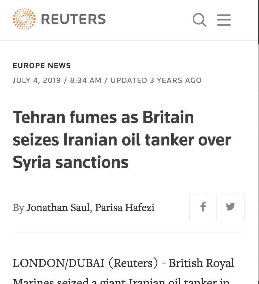 richimedhurst's tweet photo. This story sounds awfully familiar, doesn't it? A Western country randomly seizing Iranian oil, back in 2019. The tanker was eventually released, only after Iran returned the favour, seizing a British tanker. https://t.co/OBQbRHpGLn