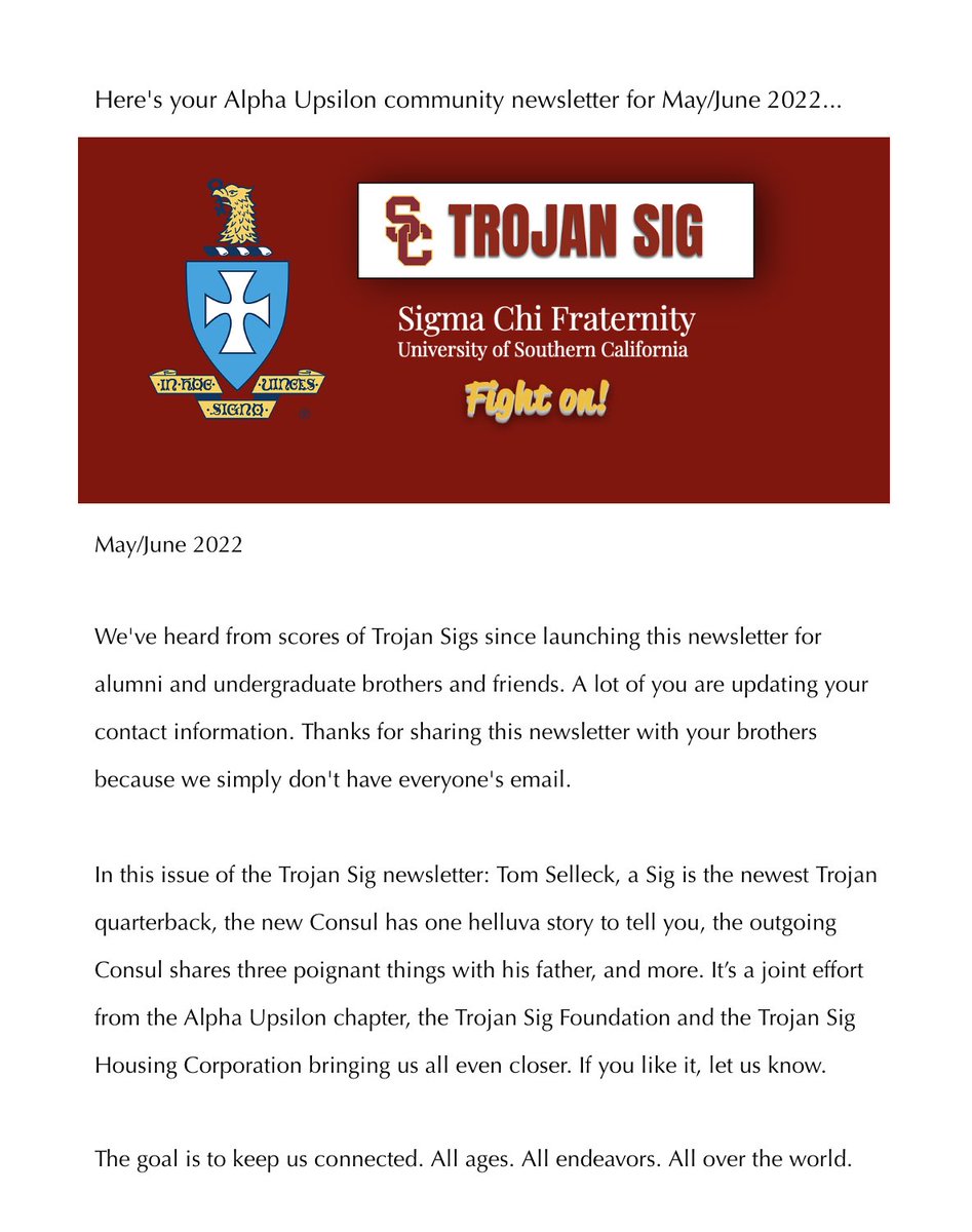 TrojanSigs's tweet photo. Trojan Sigs, our May/June newsletter should be in your email inbox. If you didn’t see it, check spam or send us your updated email address: https://t.co/yES26TW6vo. Get back in the loop! #FightOn #sigmachi #trojansig https://t.co/dTuJTLgrMp