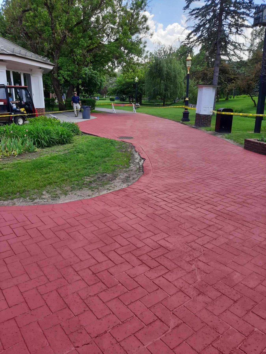 SaratogaDPW's tweet photo. Great work by the Congress Park crew and their Supervisor Lou Flanders! The crew painted the stamped asphalt and cleaned up around the Carousel in preparation it's 20th anniversary in Congress Park.
The Carousel is open for the holiday weekend, Sat- Mon, 11am to 6pm. 
@DPWJason https://t.co/xfHR5qSkY0