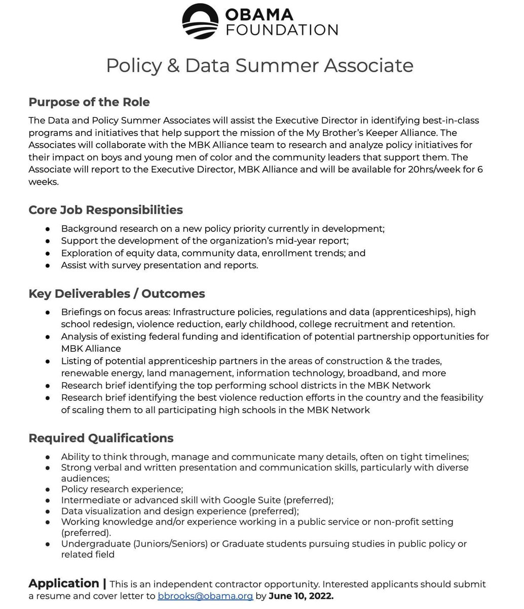 RT THIS: 
🗣 Calling college juniors/seniors or graduate students looking for impactful work for a few weeks - we are hiring a few summer associates for the <a href="/MBK_Alliance/">My Brother's Keeper Alliance</a> at the Obama Foundation! Apply by June 10 by emailing your resume and cover letter to bbrooks@obama.org 📢