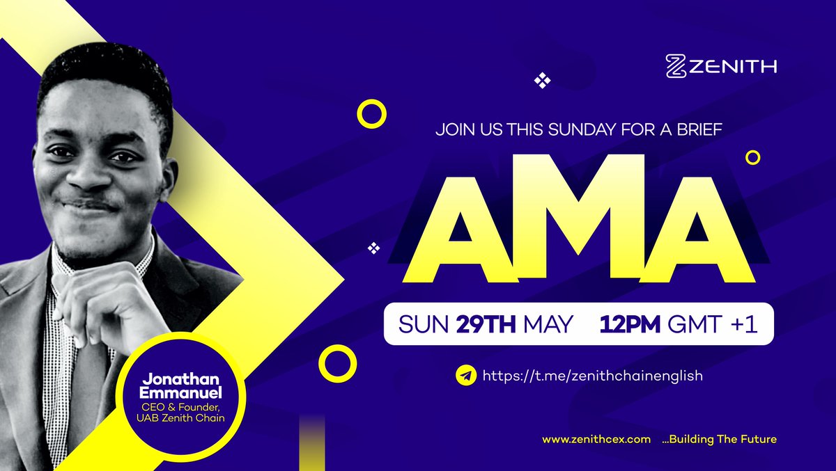 zenithchain_co's tweet photo. ZENITH CHAIN AMA
Join our AMA this Sunday!
π May 29, 2022
π 12:00 PM GMT+1
π§βπ» Jonathan Emmanuel - Zenith Chain CEO & Founder
π Zenith Chain Telegram Chat
You may submit your questions using this Google Form (https://t.co/VFwm8JQ1Ni).
#ZenithCoin #ZenithChain #ZenithCEX https://t.co/7gHB1JVjnw