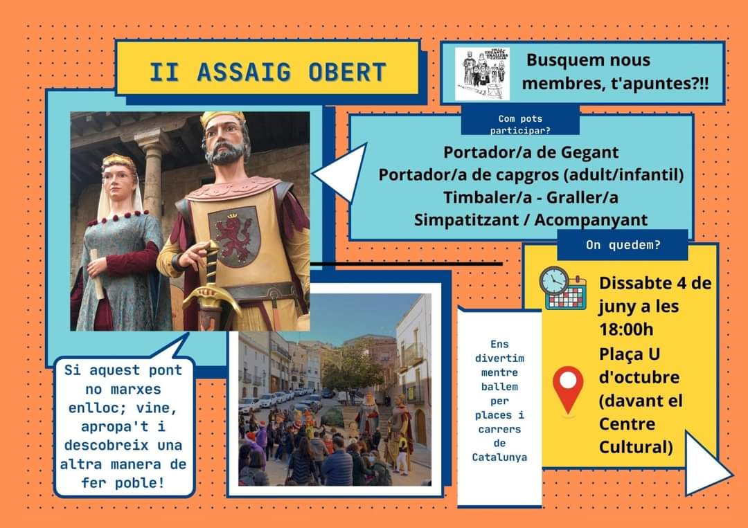 Aj_ElCatllar's tweet photo. 🙋🏼‍♀️ Si vols participar a la Festa Major de forma divertida, vine a l'assaig de la Colla de Gegants i Grallers del Catllar i participa a la cercavila de la #FM2022 https://t.co/j1Yv66vlOz