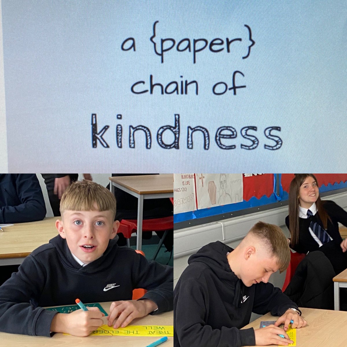 lisa_lisamotero's tweet photo. Fantastic end to Marist week where our English classes joined together to create a ‘Corridor of Kindness’.  All S1-3 students pledged an act of kindness which were transformed into an enormous paper chain. @StJohnsEng @StJohnsOfficial @Quinn1Laura @_MissHill_ @LauraCh732 https://t.co/lvRhVdF2zi