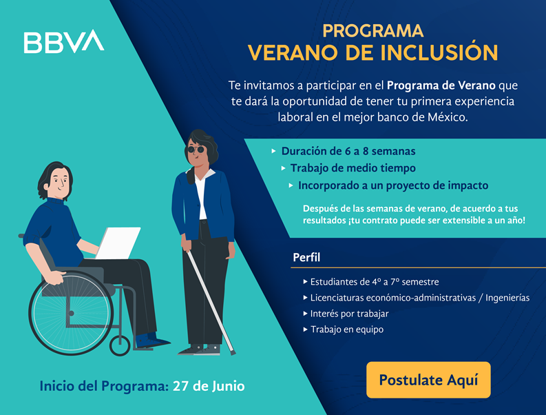 Forma parte del programa de verano de Inclusión en <a href="/bbva/">BBVA</a> para estudiantes y recién egresados que tengan alguna discapacidad y les interese tener un proyecto laboral.

Link Registro: forms.gle/gBWKsBzoUKnRt6…
<a href="/IberoCopsa/">CopsaIbero</a> <a href="/IBERO_mx/">IBERO CDMX</a> <a href="/IberoEgresados/">Orgullo Ibero</a> <a href="/IberoVincula/">Dirección General de Vinculación (DGVU) Ibero CDMX</a> <a href="/IberoCEAN/">Emprendimiento y Aceleración de Negocios IBERO</a>