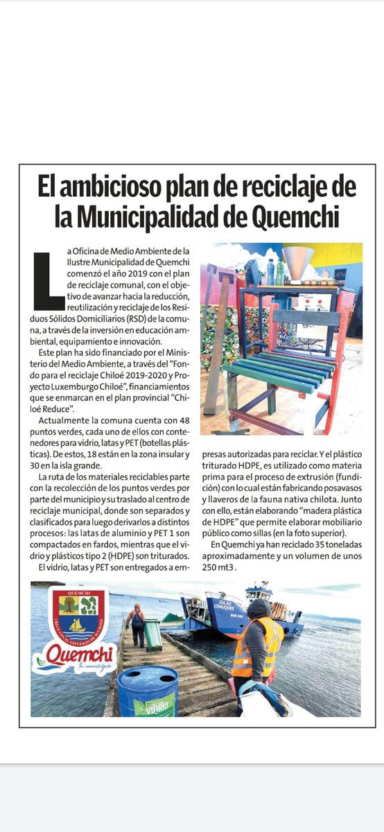 ChiloeReduce's tweet photo. At.Quemchi: el trabajo de la oficina de Medio Ambiente de nuestra comuna ha sido destacada por la prensa local, gracias al esfuerzo por contribuir a la disminución de residuos domiciliarios en conjunto con el Fondo para el Reciclaje Chiloé 2019-2020, y Proyecto Luxemburgo Chiloé https://t.co/9WZxEMslrB