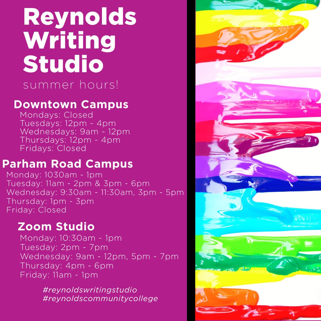 WritingReynolds's tweet photo. Hot off the presses, here are our summer hours! Come see us at our Downtown Campus, Parham Road, or on Zoom! #createconsultcompose #reynoldscommunitycolleges #reynoldswritingstudio https://t.co/gGyDnZAQYt