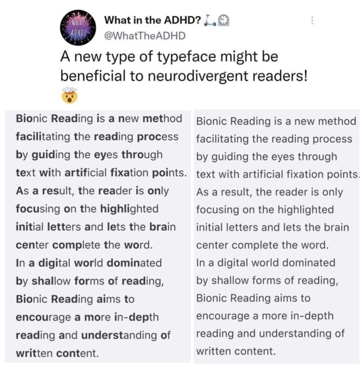 Rebeccarjwriter's tweet photo. How amazing is this??? Speaking as a card-carrying member of the #adhdtribe I FLEW through reading that first column! I might just look into having all my E-books converted to bionic! 😵‍💫😵‍💫😵‍💫

#adhd #neurodivergent #neurodiversity #adhdtwitter #adhdwomen https://t.co/BzFtAXrSBq