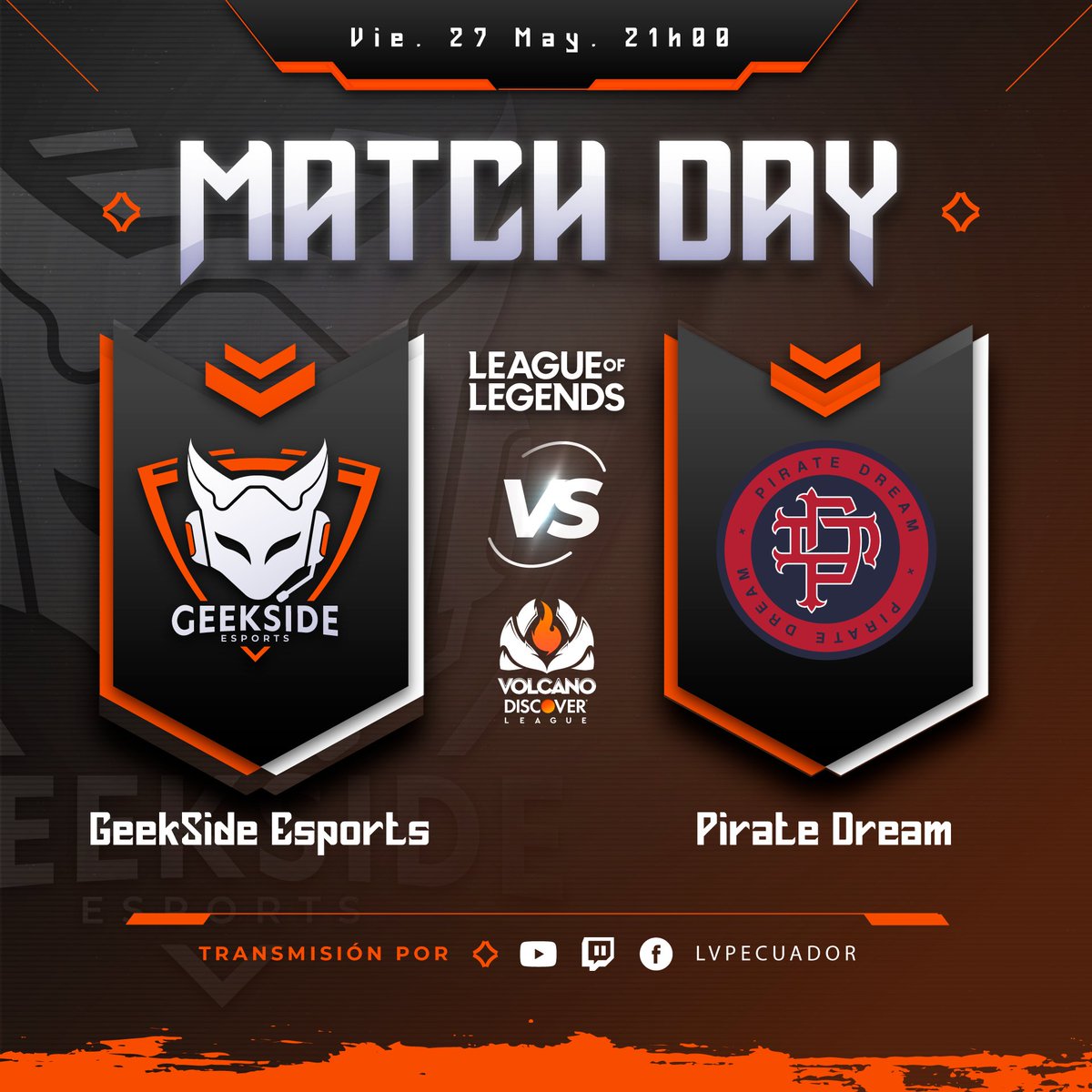 Segunda jornada de la #VolcanoDiscoverLeague 🧡🦊

¡Vamos GeekSide! 😎🤙

Hoy jugamos contra:
<a href="/PirateDreamgg/">Pirates IDV 🏴‍☠️</a> 🏴‍☠️
A las 21h00 ⏰🇪🇨

VAMOS CON TODOOOOO

#GoGSE #WeAreGSE #lvpecuador #Ecuador #Esports #Loja
