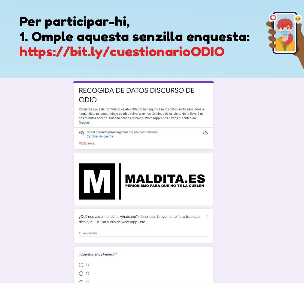 ongvols's tweet photo. 💡Et cansa tant d'odi a les xarxes?👏Participa a l'estudi sobre discursos d'odi a les xarxes que estem fent amb @maldita @ONGD_JyD i @BoscoGlobalONGD 😎 Fes-nos arribar alguna imatge, vídeo, text per whatsapp i completar una senzilla enquesta https://t.co/bhcbvvJY40 https://t.co/htE3fRXNDr