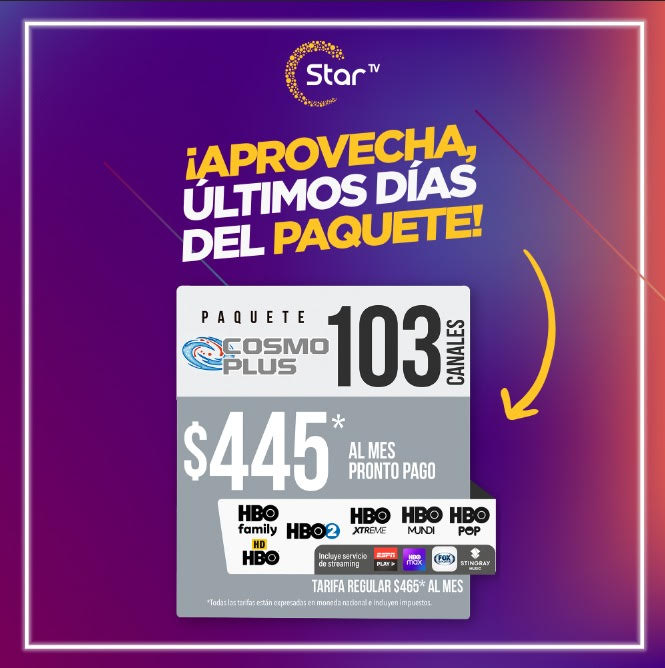 StarTVMx's tweet photo. 🟡¿Te piensas quedar sin tu paquete Cosmo Plus?
Disfruta de 103 canales incluido los canales de @HBOLAT ➕@HBOMaxLA ➕#ESPNPlay➕ #FoxSports➕@stingraymusic .
¡Mucho entretenimiento por tan sólo $445* pesos al mes!
¡Contrátalo antes de que acabe el mes!
🤳 https://t.co/HV8If3rfQR https://t.co/7EqvNgqnDA