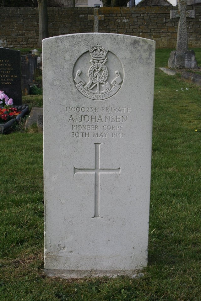 Remembering - Private A. Johansen Pioneer Corps who died as the result of an accident on the 30th May 1941. 
Alfred Johansen now lies in Chippenham Cemetery.