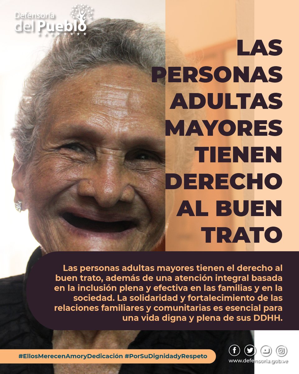 Las personas adultas mayores son nuestras mejores guías para la vida cuidemos de ellas. Promovamos la Ley Orgánica para la Atención y Desarrollo Integral de las Personas Adultas Mayores <a href="/Defensoria_Vzla/">Defensor del Pueblo</a> . #PorSuDignidadyRespeto <a href="/salainass/">INASS</a>
